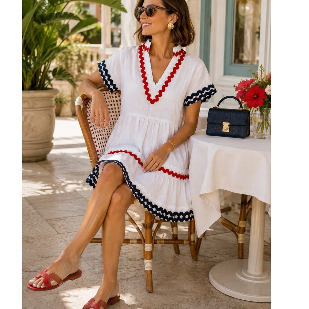 Sail to Sable White Linen Ric Rac Trim Nautical Tiered Midi Dress L NWT